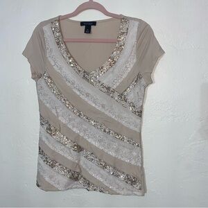 White House Black Market Sequin Ruffled Tiered Knit Dress Shirt Blouse Medium